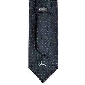 Brioni Luxury Silk Tie Black Jacquard Dot Italy Metal Engraved Logo Keeper